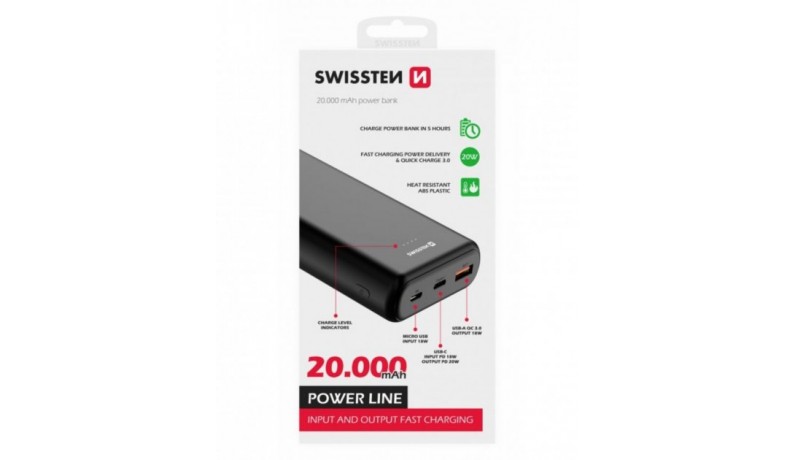 SWISSTEN Power Line 20000mAh Black Батарея Power Bank 20000mAh 20W SWISSTEN Power Line 20000mAh Black Батарея Power Bank 20000mAh 20W
