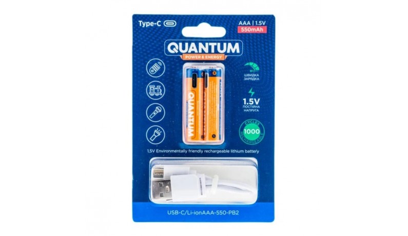 QUANTUM USB Li-Ion AAA 1.5V 550mAh Акумулятор Li-Ion AAA QUANTUM USB Li-Ion AAA 1.5V 550mAh Акумулятор Li-Ion AAA